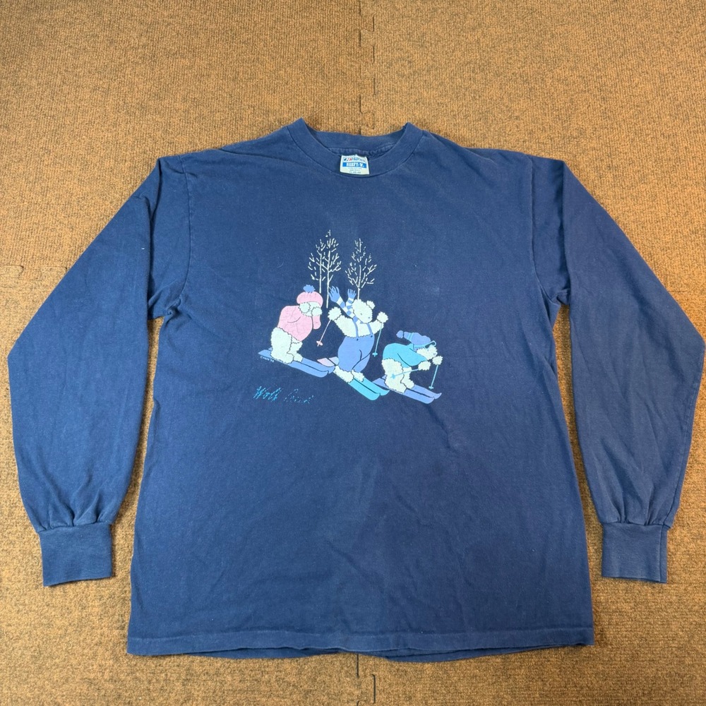 Vintage Hanes Beefy-T Skiing Bears Graphic T-Shirt Navy Blue XL 1988 USA Made